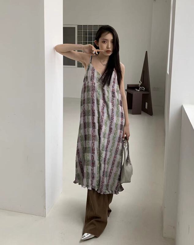 [9hour] elegant color matching floral suspender long dress 8860# zxl