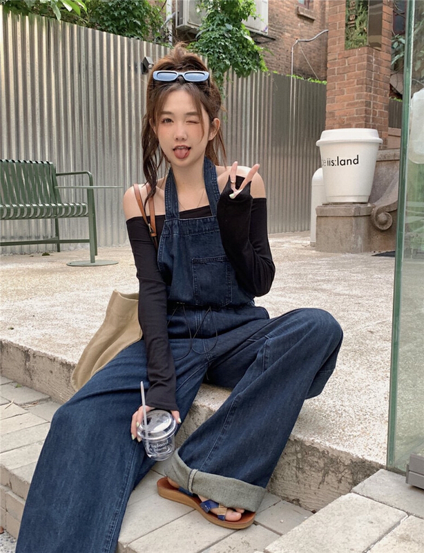 [timely rain] Han Feng ins retro lazy design feeling hanging neck loose suspender pants (excluding inner lap) 5010# WPL