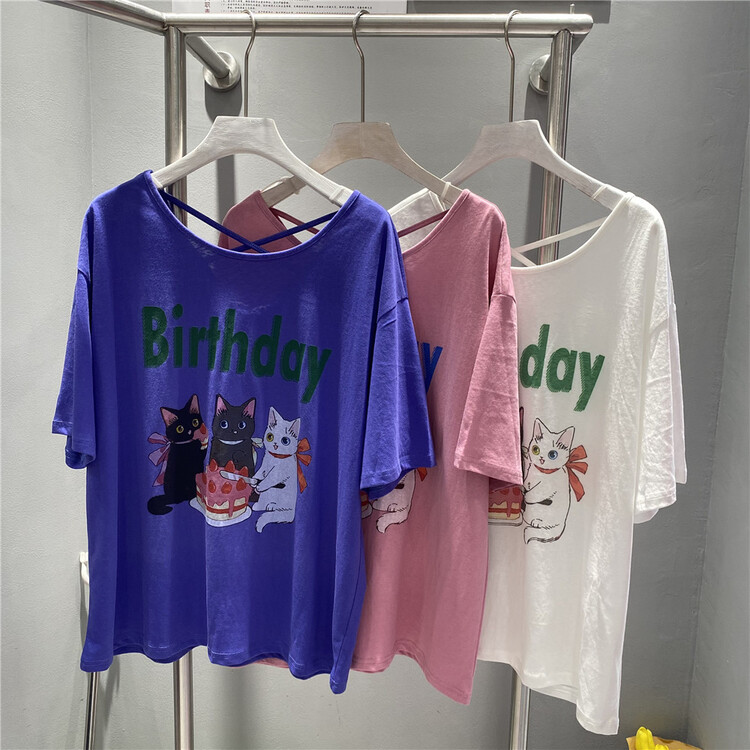New in early summer! [miss happy] Korean loose cross design letter kitten print short sleeve T-shirt 6187# WPL