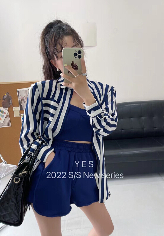 [yes] Korean fashion striped shirt + strap inside + casual loose Shorts Set 7050# ozq