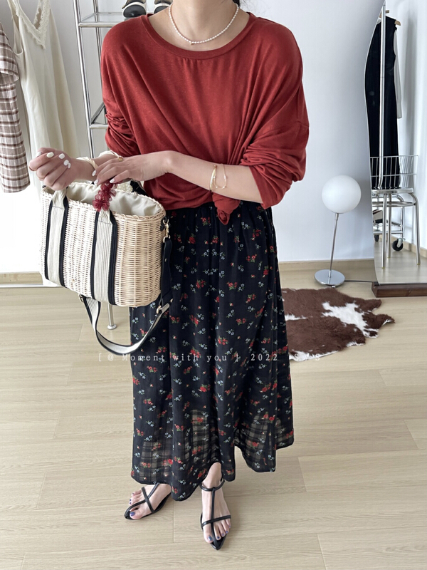 Live broadcast ②! [moment with you] Korean floral pleated elastic waist skirt t0637-j# LSW