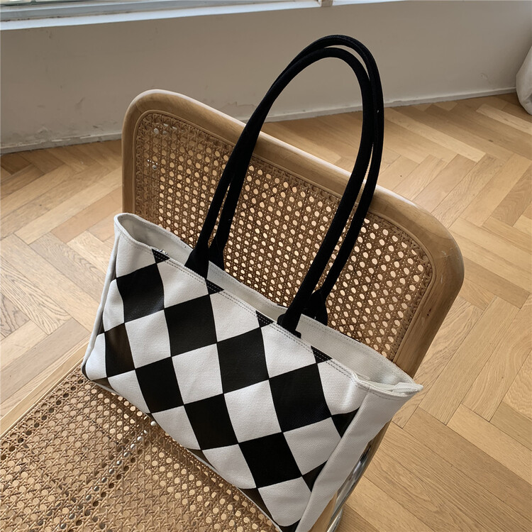 [double C] simple diamond lattice Canvas Shoulder Bag a2036# CYQ