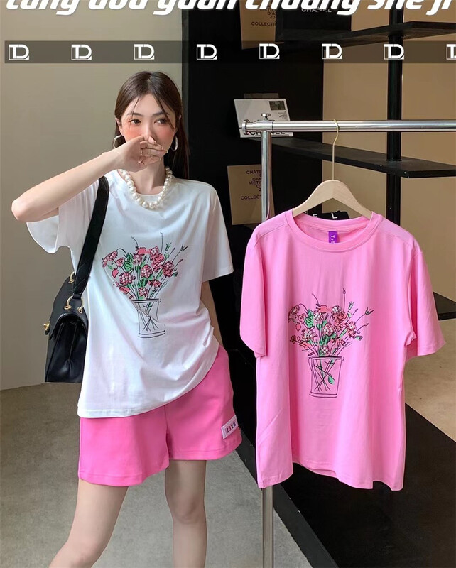 [tangdou original] Nail Drill small flower round neck Pullover short sleeve T-shirt 9529# WTT