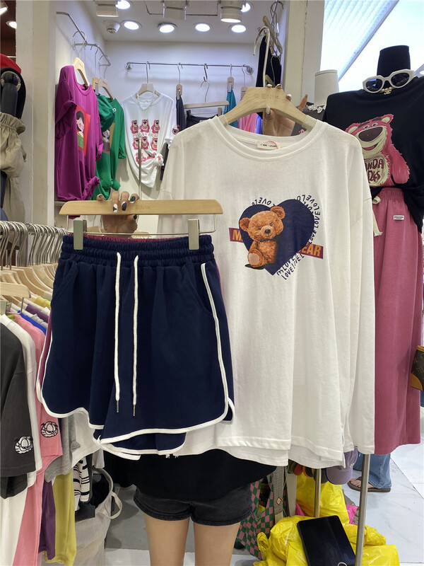 [Naikan Nik] Korean bear printed long sleeved T-shirt + casual versatile Shorts Set 9659# lwy