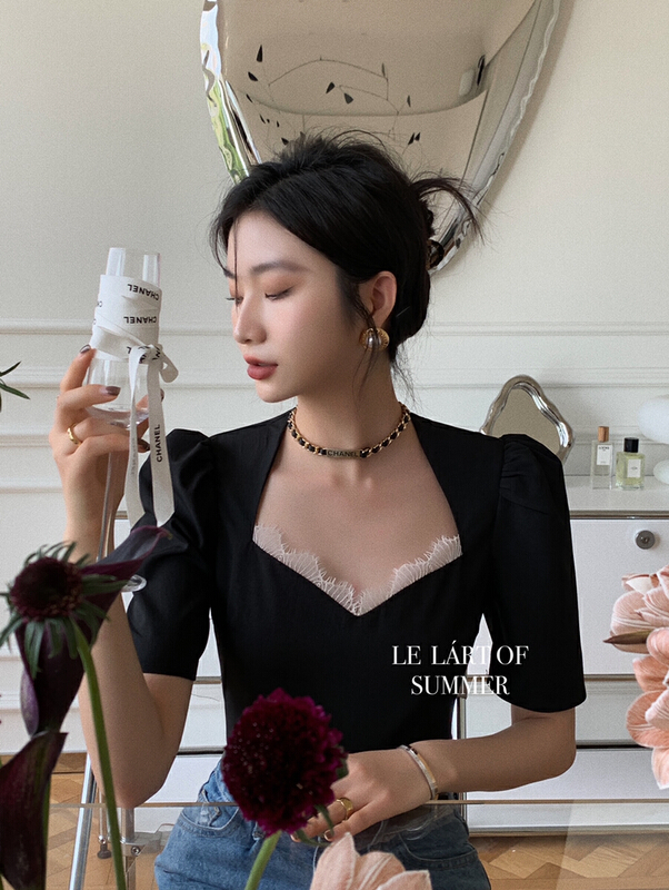 [le lart] high fashion French Hepburn lace bubble sleeve blouse ll2719# XYJ