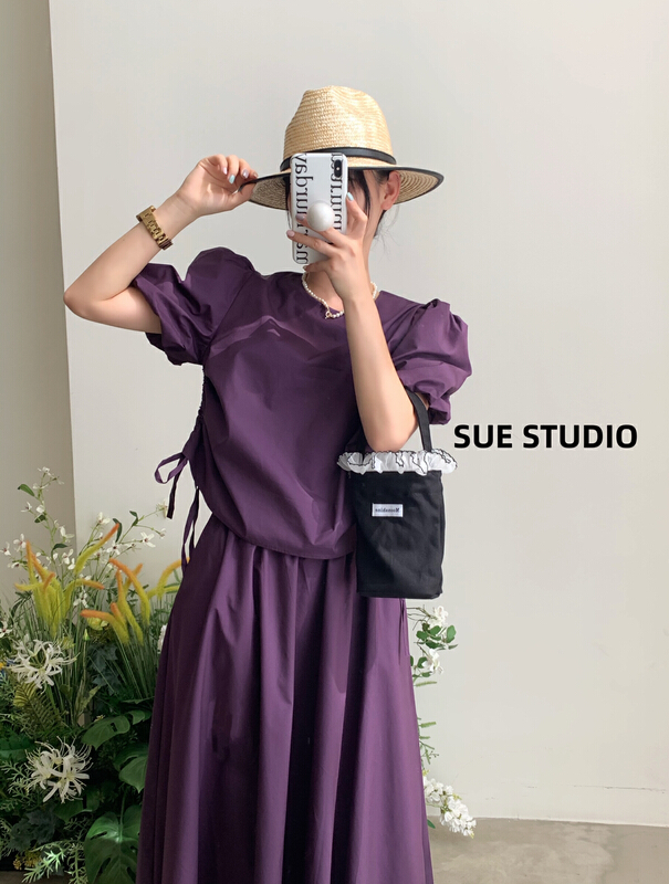 New in early summer! [Sue studio] temperament bubble sleeve simple blouse + net color comfortable skirt strap drawstring set 22275# ZSY