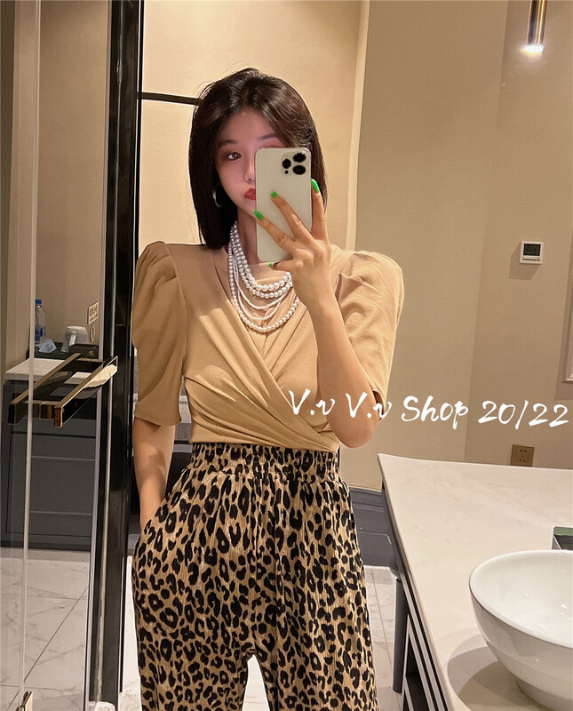 [v.v] Korean cross tie bubble sleeve short short sleeve T-shirt 7227# cqw