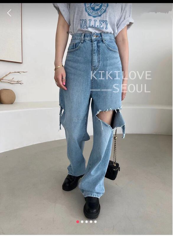 [x2 Fansi feather] foreign style high waist thin straight tube mopping jeans 10060# WTT