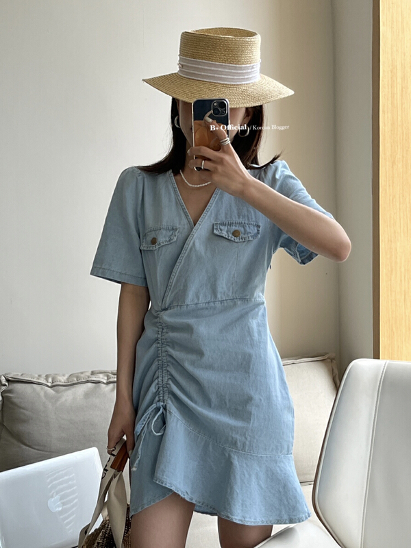 goods in stock! New in early summer! [B plus] ins temperament daily denim drawstring dress 22-9243-2# HBx