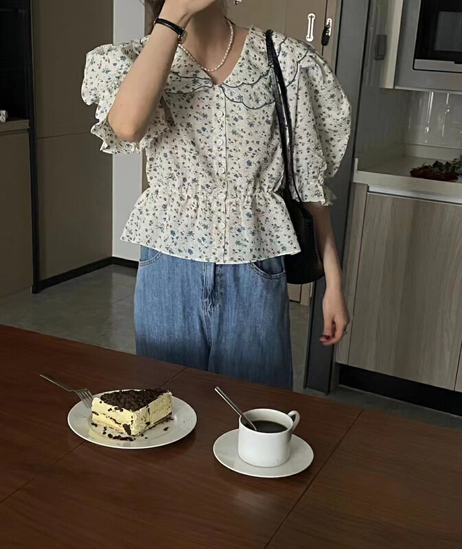 [Alibaba] double neckline floral button up blouse 80051# hjy