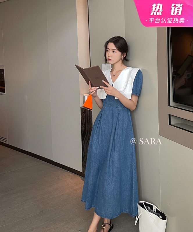 [Sara] Korean embroidered large lapel stitched denim dress 18000# lwy