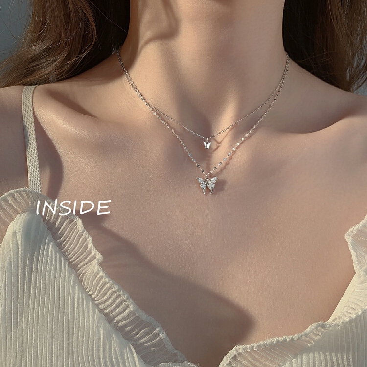 [inside] Korean simple temperament diamond inlaid butterfly double layer short necklace x0756# zxl
