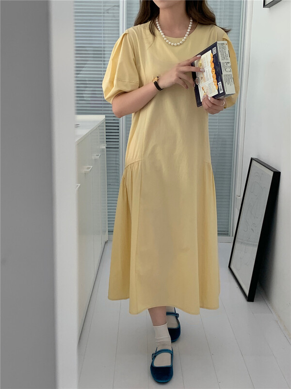 [feeding] Korean solid color versatile bubble sleeve dress 7833-j7# cqw