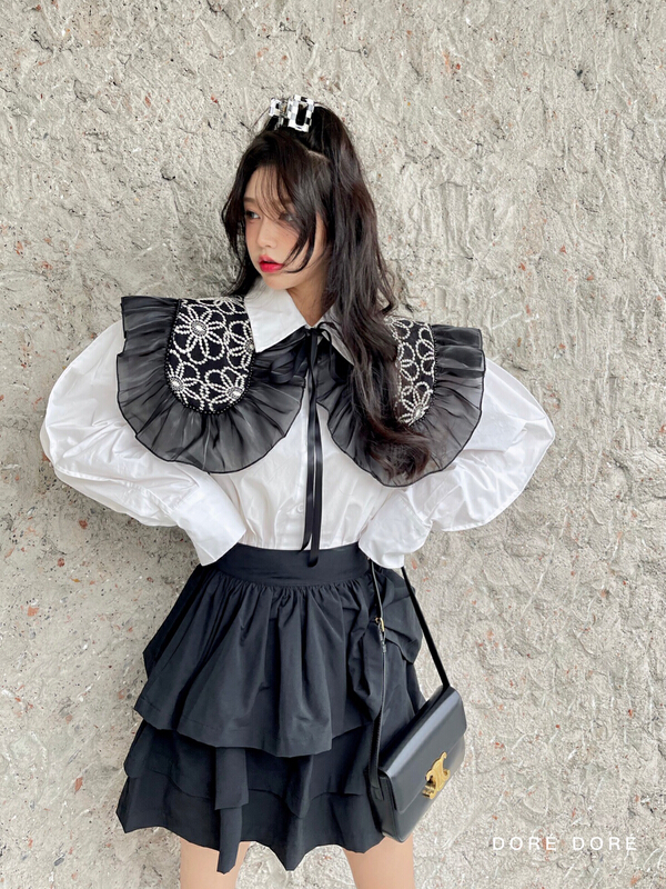 New year in early spring! [Dore Dore] Korean color contrast doll neck loose shirt (detachable with shawl) 1085# zxx