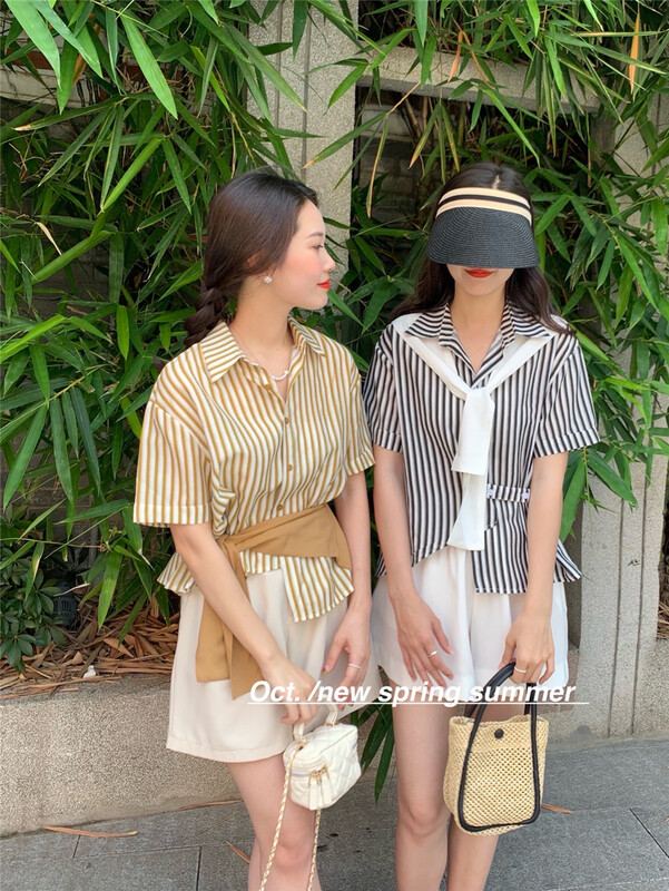 [OCT] fashion stripe versatile shirt (with shawl) 1608# hjy