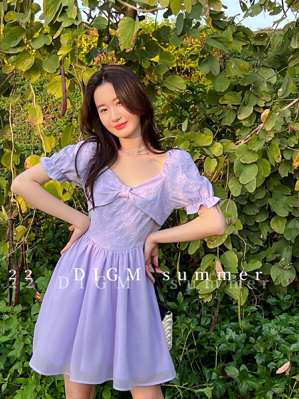 [digm] French bow waist closing thin bubble sleeve dress 3727# zxx
