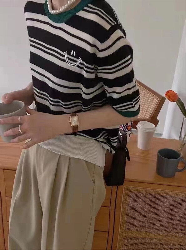 goods in stock! [an studio] crew neck stripe comfortable short sleeve T-shirt (T-shirt only) 6611# L