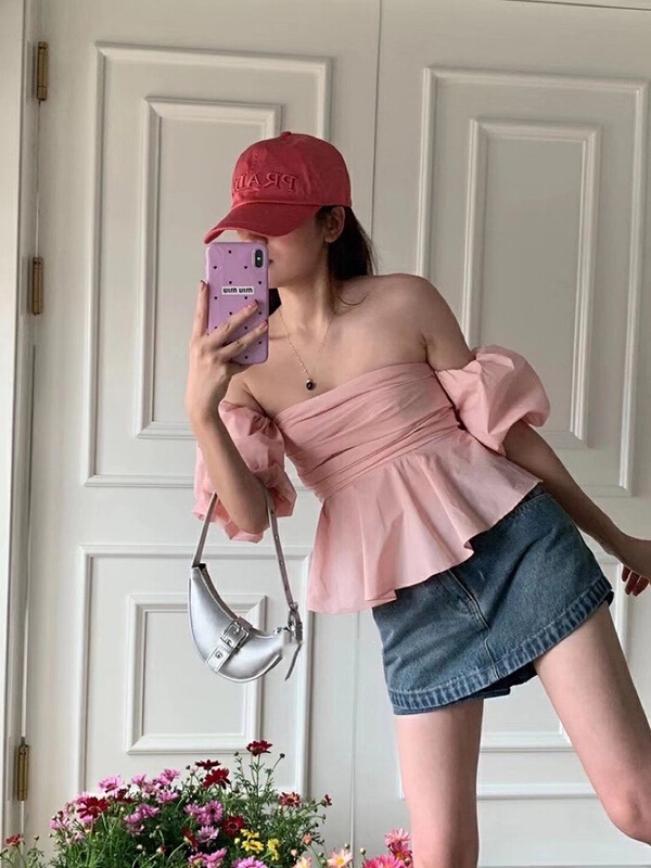 [RM. HH] French one shoulder bubble sleeve slim shirt (with sleeves) 2042# PCZ