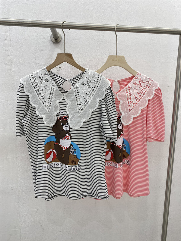[Yi Ge Li] Korean stripe large lapel cartoon printed short sleeve T-shirt 1120# WPL
