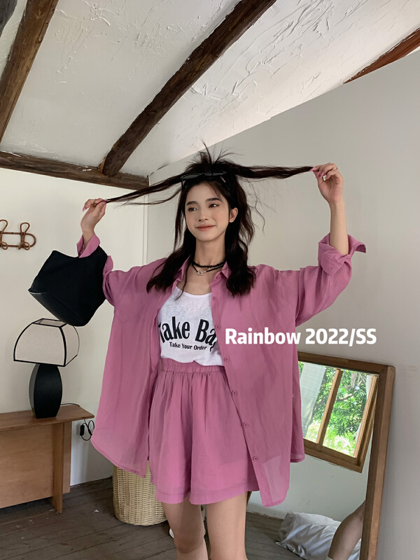 [rainbow] Harajuku style fashion shirt + letter print Vest + elastic waist casual Shorts Set 5270# WTT