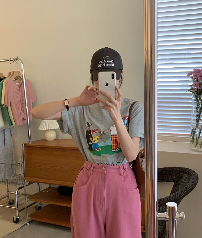 goods in stock! New in early summer! [y.jia Yijia] simple cartoon printed short sleeves + versatile casual jeans set ys1-5579# PCZ