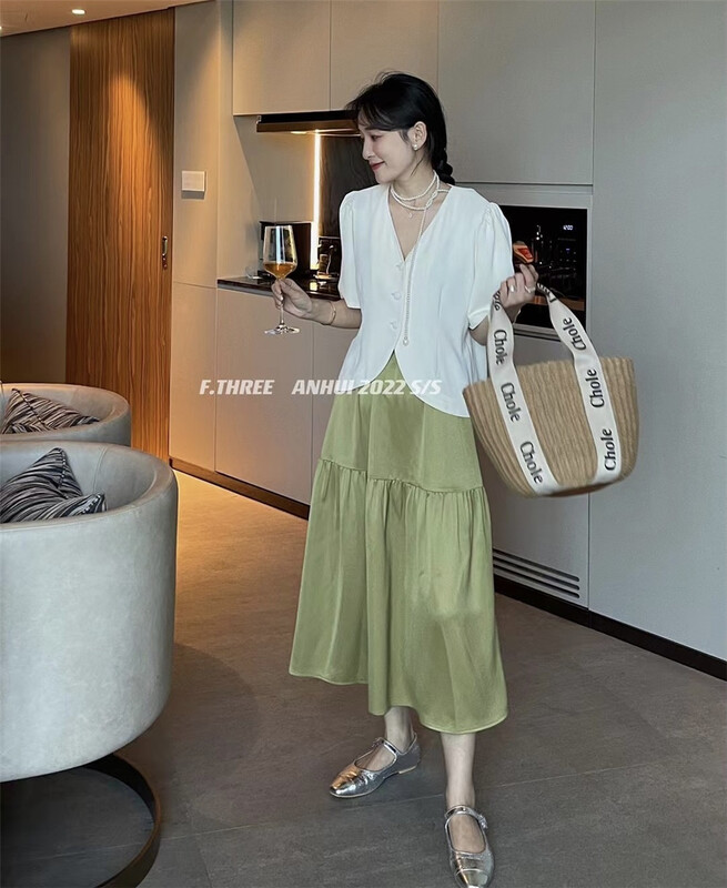 New in early summer! [f.three] elastic waist versatile medium length skirt 87281# XJ