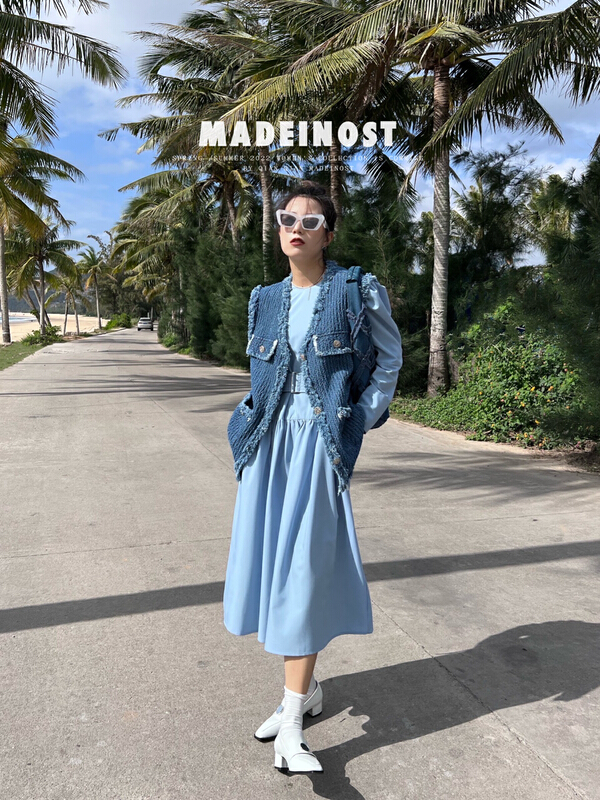 New year in early spring! [OSHA madeinost] small fragrance retro texture tassel denim vest 86070# ll