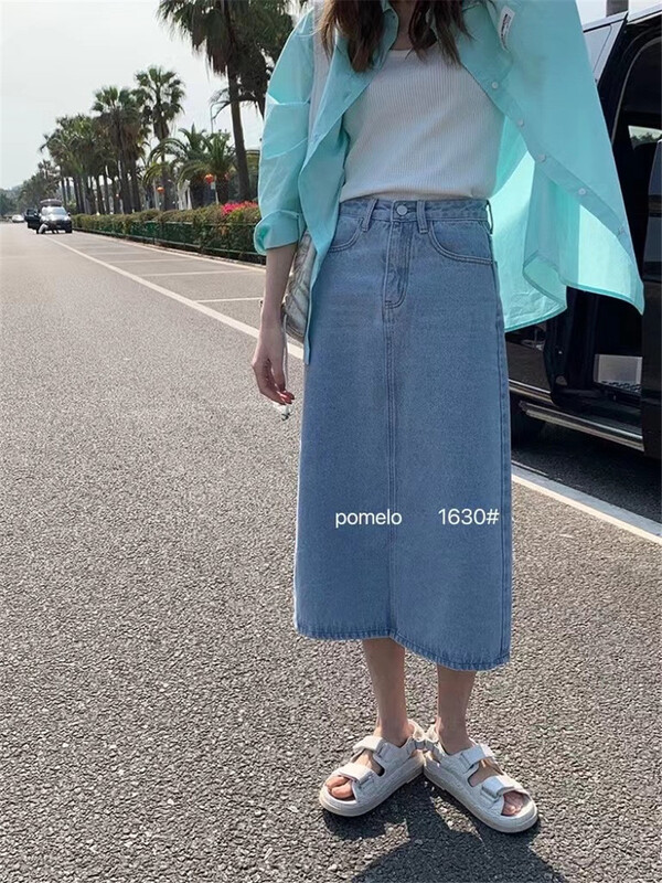 New in early summer! [grapefruit] Korean simple medium length denim skirt 1630# hjy