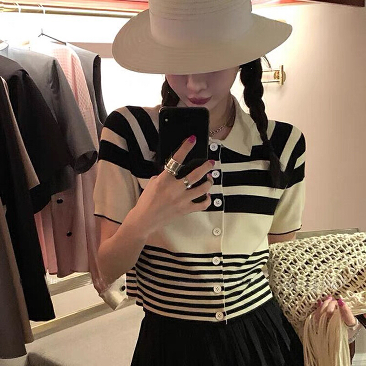 [kakamee] Korean striped age reducing knitted cardigan (excluding necklace) ys1-227# LSL