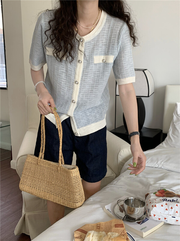 [da. C] Korean style contrast color round neck short sleeve sweater 6619# CSX