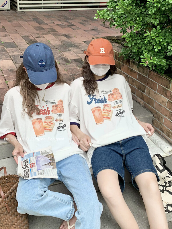 [naisijia nice studio] color contrast edge design, niche short sleeve T-shirt 6882# zxl