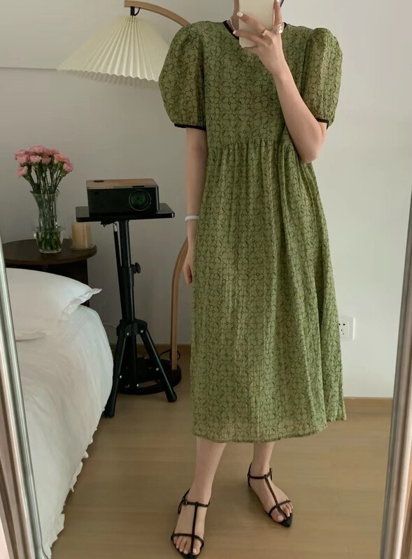 [sunshine] Korean jacquard bubble sleeve color contrast round neck dress 9559# cqw