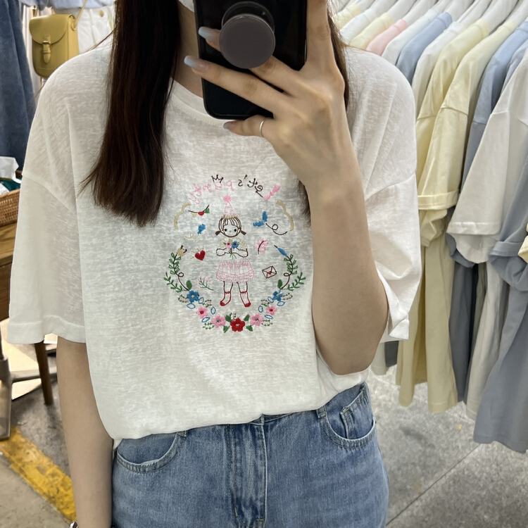 [Libai Li Bai] Korean heavy industry embroidery design, comfortable short sleeve T-shirt (T-shirt only) 8187# ll