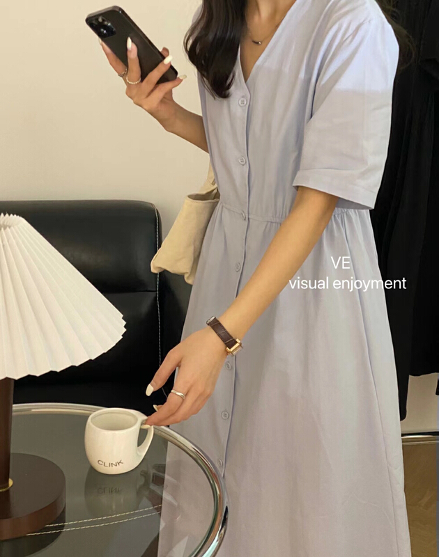 New in early summer! [ve] V-neck simple solid dress 59003# HBx
