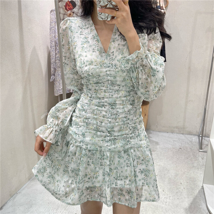New year in early spring! [NC edition] Korean V-neck Chiffon Pleated Dress f9035# zxx
