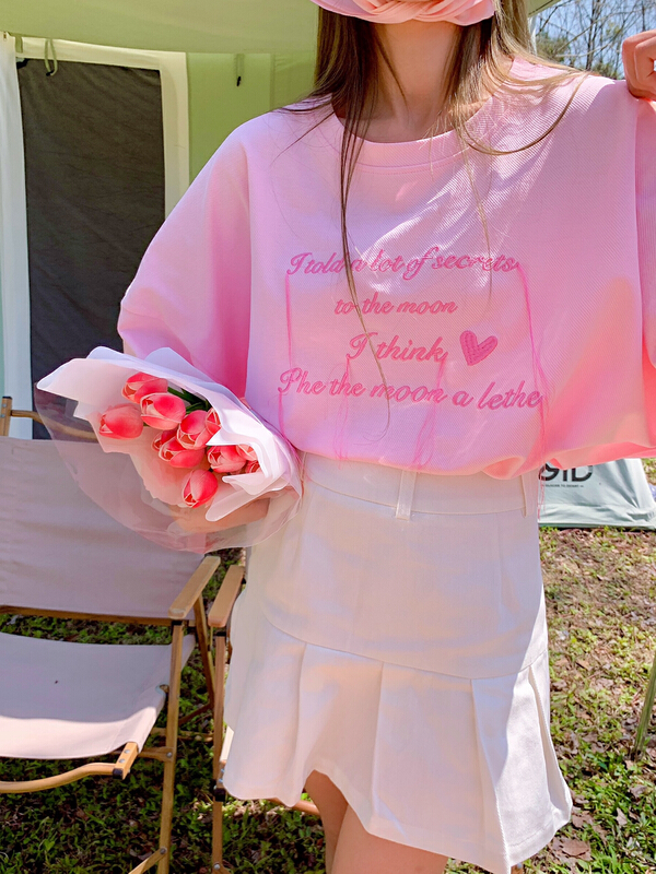 New in early summer! [love] embroidered tassel letters loose short sleeve T-shirt 899-1# WTT