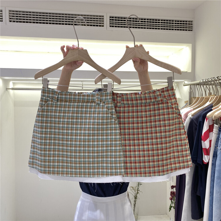 [dvz] Korean A-line checkered color contrast skirt 9995# zxx