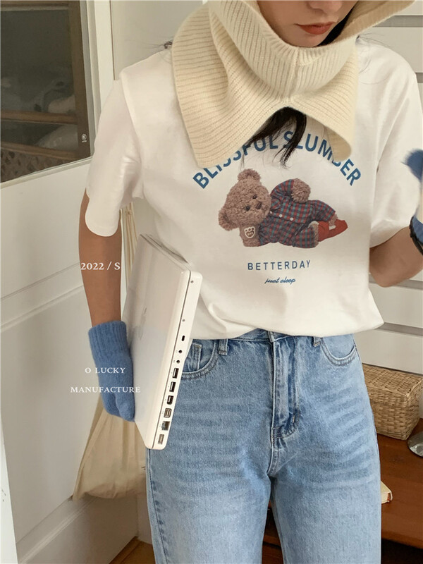 New year in early spring! [o.lucky] cartoon bear letter printed short sleeve T-shirt 1505# HBx