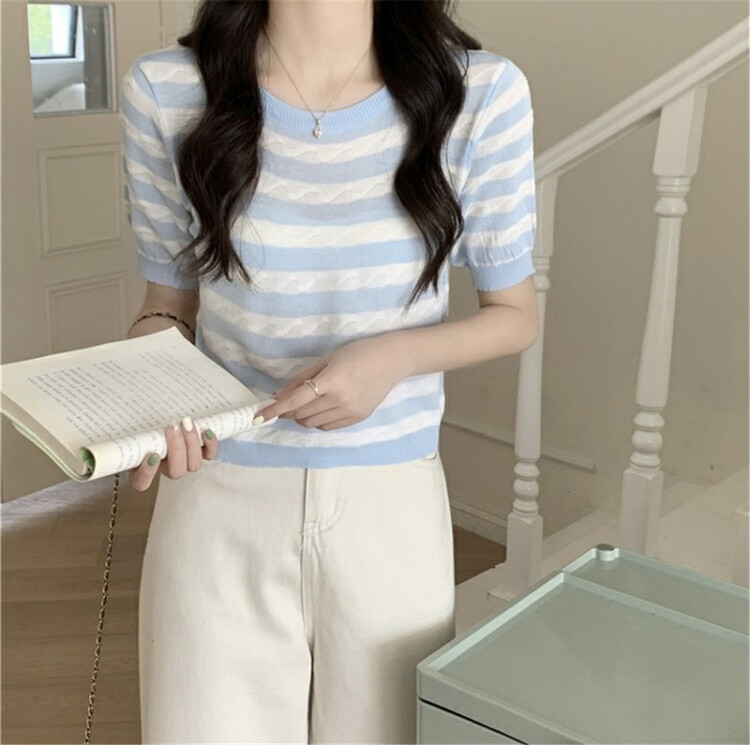 [Weika] Korean fashion stripe short sleeve sweater 8209# lwy