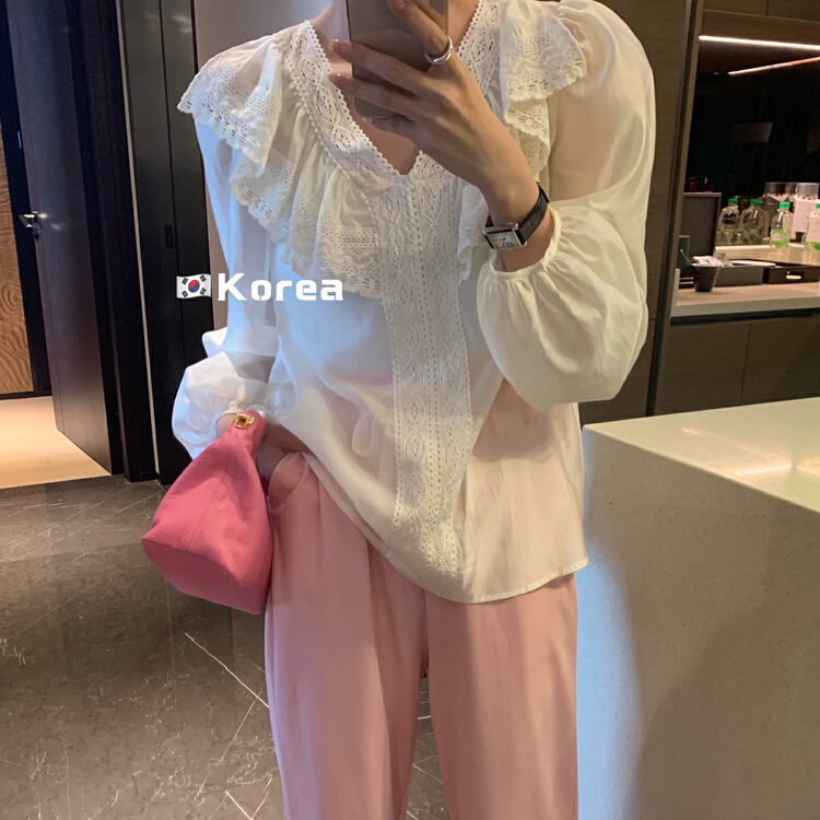 goods in stock! New in early summer! [finoa] thin and simple Ruffle collar Fashion Chiffon shirt 10349# CLS