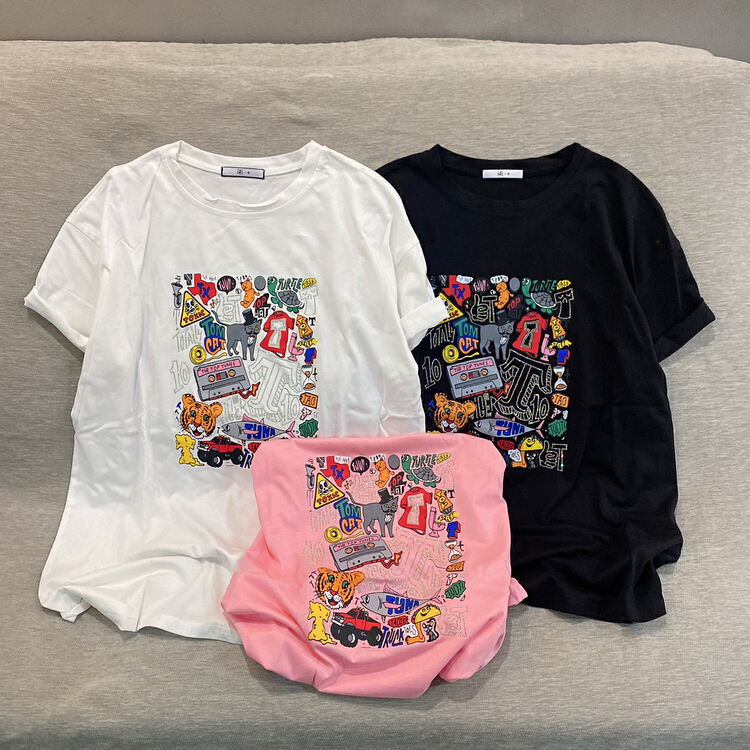 [Qijia +] versatile fashion loose thin short sleeve T-shirt 7696# JJ