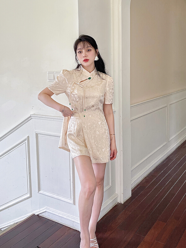 [mi2] temperament retro style disc button shirt + slim loose Shorts Set b6278# JJ
