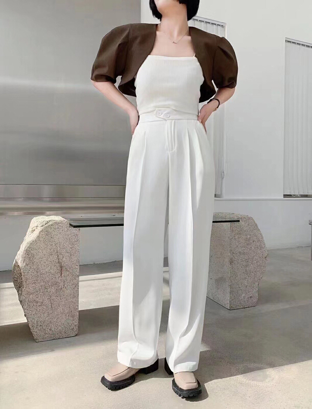 New year in early spring! [fan fan] fashionable high waist button design press folded wide leg casual pants 5517# JJ