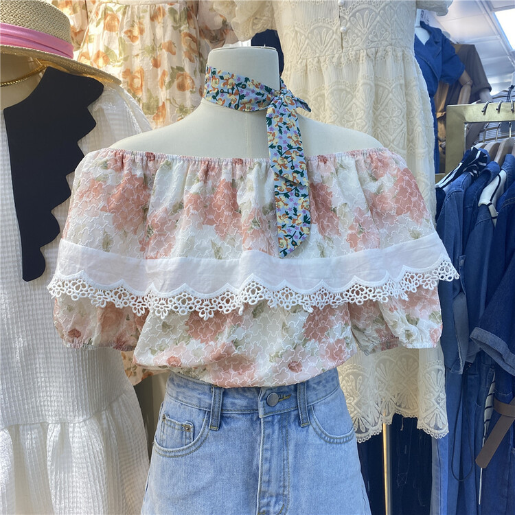 [Mr.Z] French Style Lace Edge Off Shoulder blouse 97073# zjy
