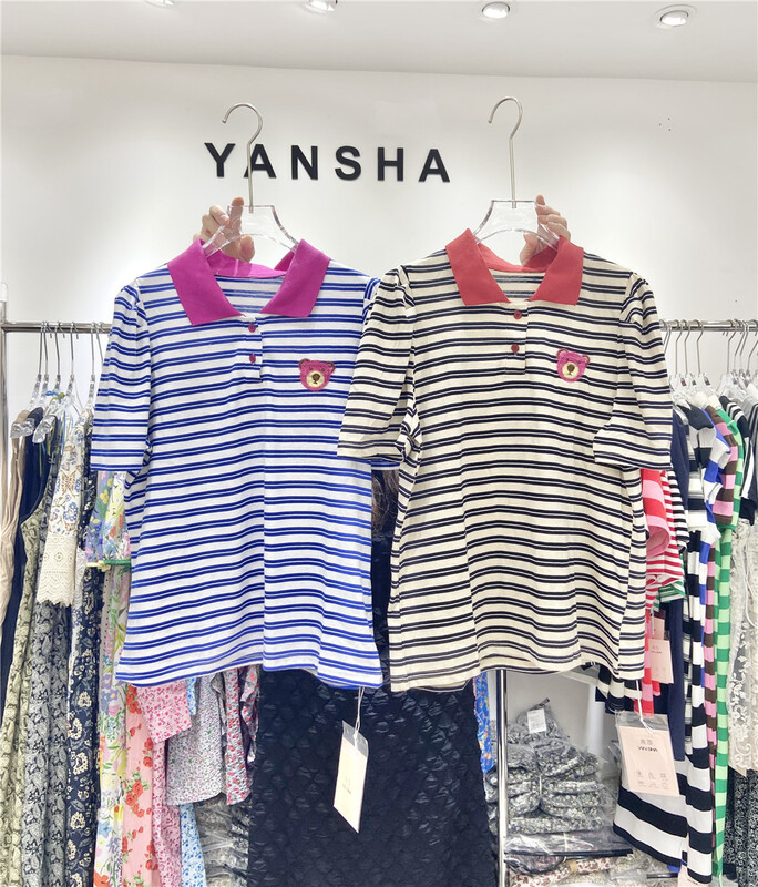 New in early summer! [Yan Sha] Korean style personality bear embroidery stripe short sleeve T-shirt 171# CLS