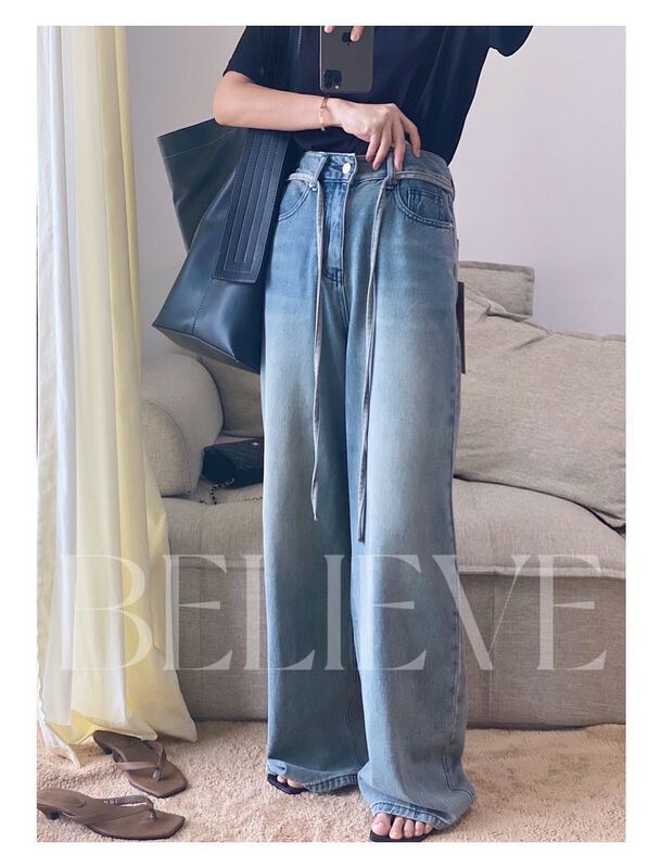 goods in stock! [believe] Korean version simple wide leg high waist straight jeans (with waist rope) wq9037# cqw