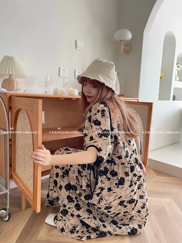 goods in stock! New in early summer! [le & Wong] Vintage flocking three-dimensional flower bandage sweet girl dress 8317# WTT