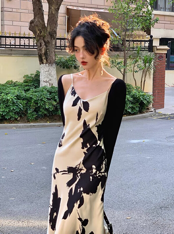 [w design] Satin print suspender dress 18661# WPL