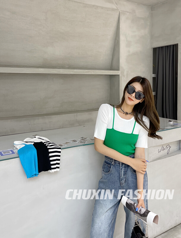 New in early summer! [c.x Chuxin] design temperament suspender splicing fake two-piece blouse z72# WTT