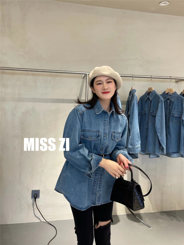 [miss Zi] Korean loose double pocket denim shirt (with belt) c297# cqw